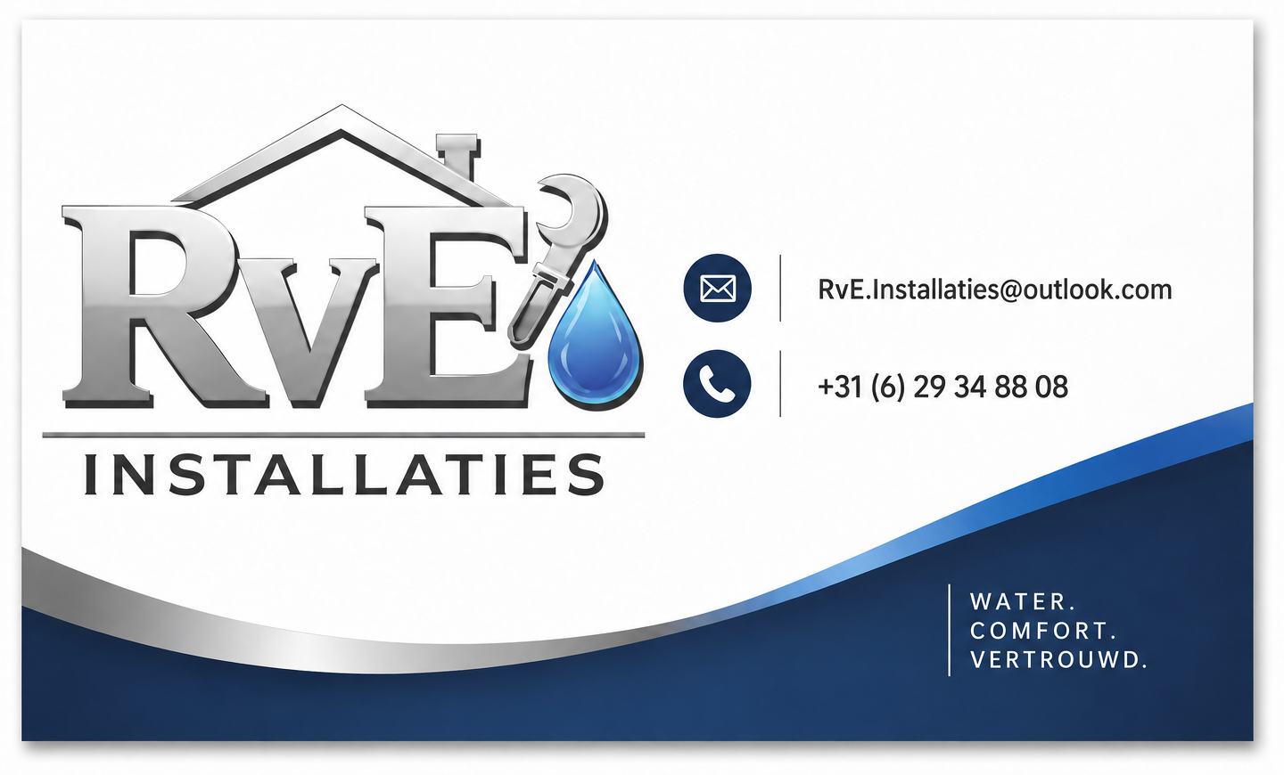 Contactkaart van RvE Installaties met e-mailadres en telefoonnummer